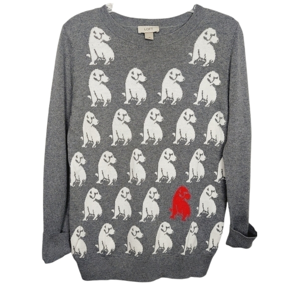 Loft Medium Crewneck Sweater Dogs Puppies Gray Knit Long Sleeve 100% Cotton EUC - Picture 1 of 14